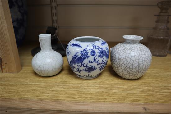 Two Chinese crackle glaze vases and a blue and white vase tallest 9.5cm